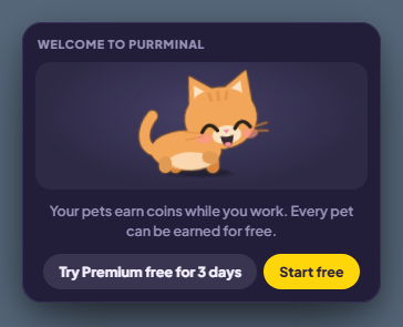 The Welcome to Purrminal window, with two buttons: Try Premium free for 3 days, and Start free.